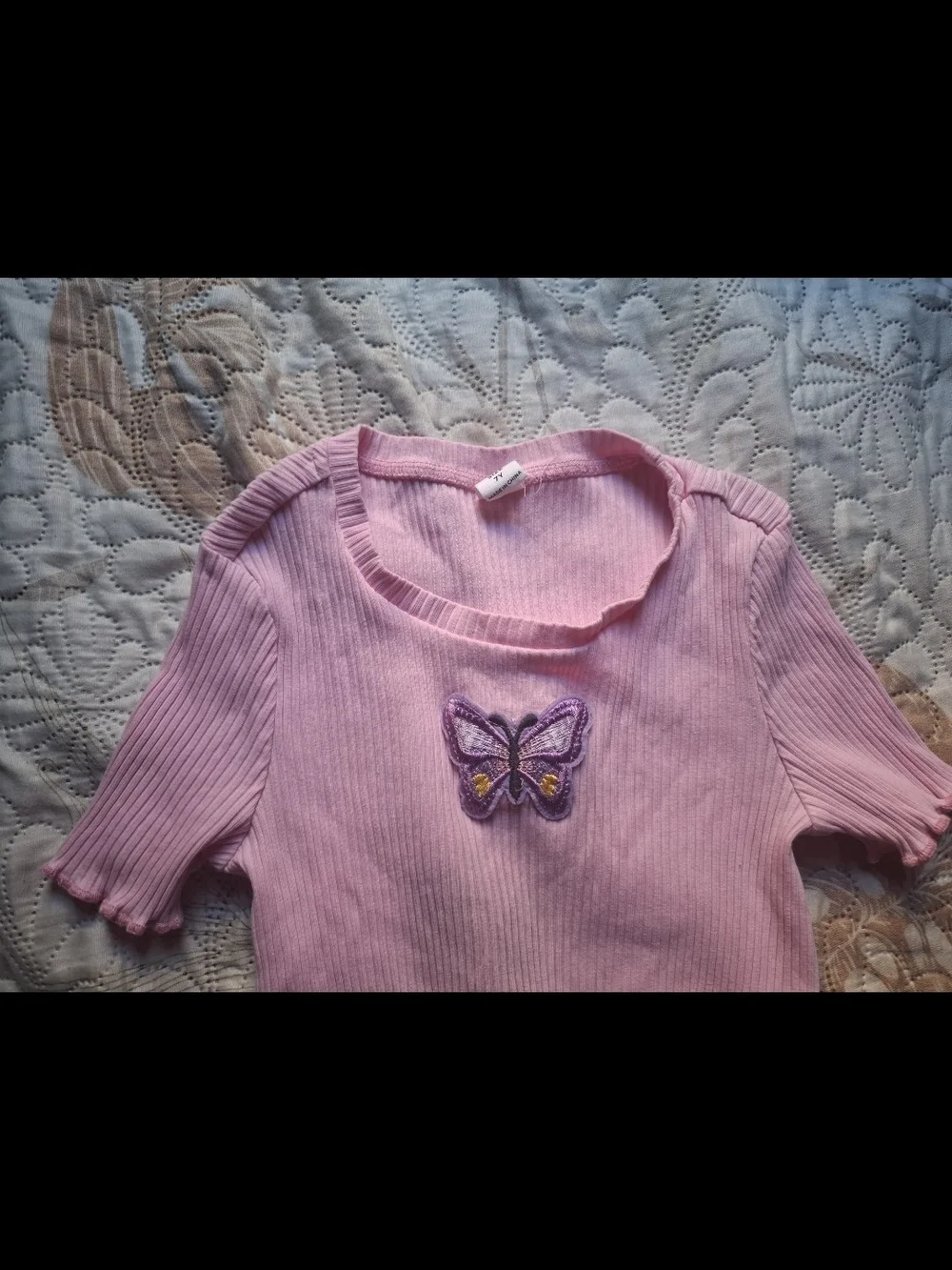 Kids Pink Ribbed One-Piece with Butterfly Detail